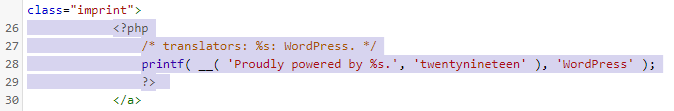 Код в шаблоне Twenty Nineteen 2016 для удаления надписи Powered by WordPress